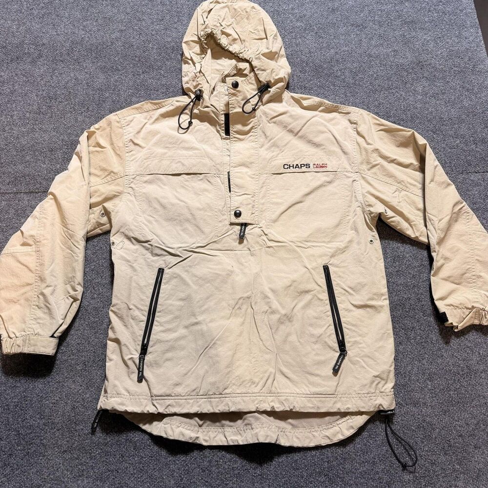 Chaps Ralph Lauren Jacket Mens Small Beige Hooded 1/4 Zip Anorak Pullover Nylon